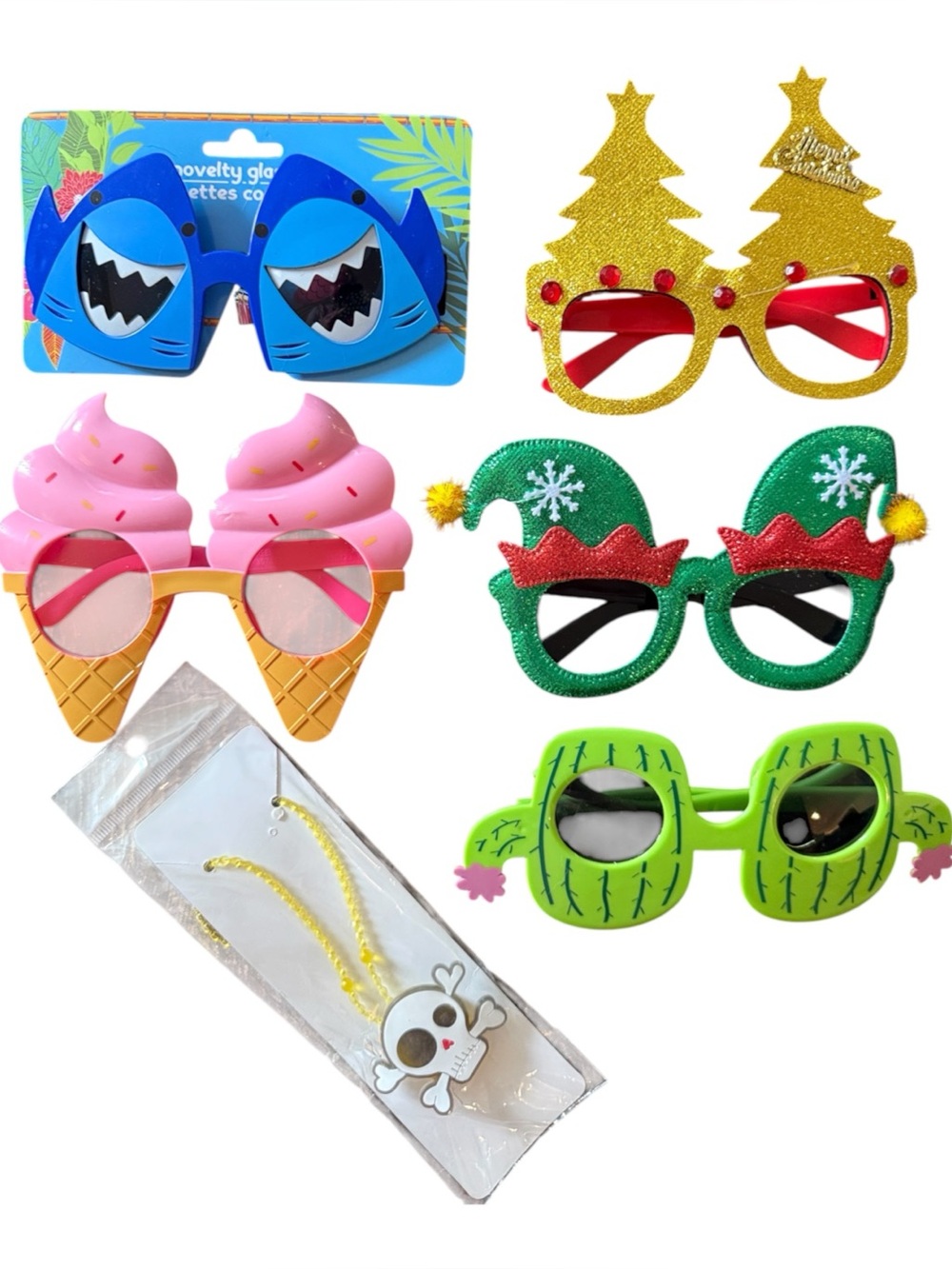 Novelty Costume Sunglasses Five Pairs Assorted Themes Blue Gold Pink Green